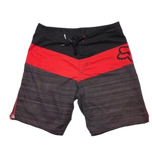 Fox Racing Board Shorts Mens Red Black Stripe Swim Trunks Drawstring Casual